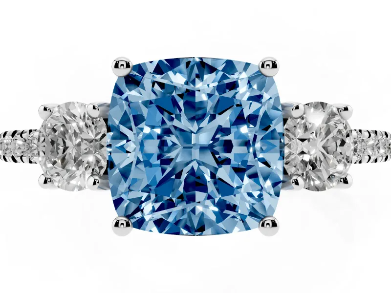 Cushion Cut Three Stone Engagement Ring Setting for a Fancy Blue Lab-Grown Diamond | Pave Shoulders | Platinum