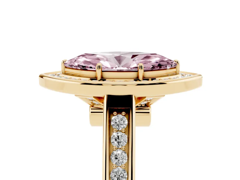 Fancy Pink Marquise Cut Diamond Halo Solitaire Ring Set in Yellow gold with Pavé Band and Bezel Setting