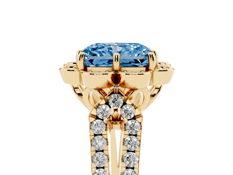 Radiant Cut Floral Halo Engagement Ring Setting for a Fancy Blue Lab-Grown Diamond | Pavé Split Shank | Yellow Gold