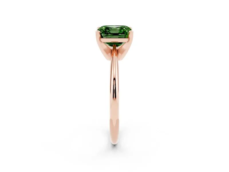 Fancy Green Asscher Cut Diamond Solitaire Ring Set in Rose gold with Prong Setting on a Plain Round Band