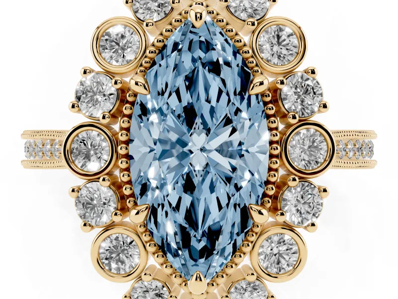 Fancy Blue Marquise Cut Diamond Halo Milgrain Pavé Ring Set in Yellow gold with Prong Setting
