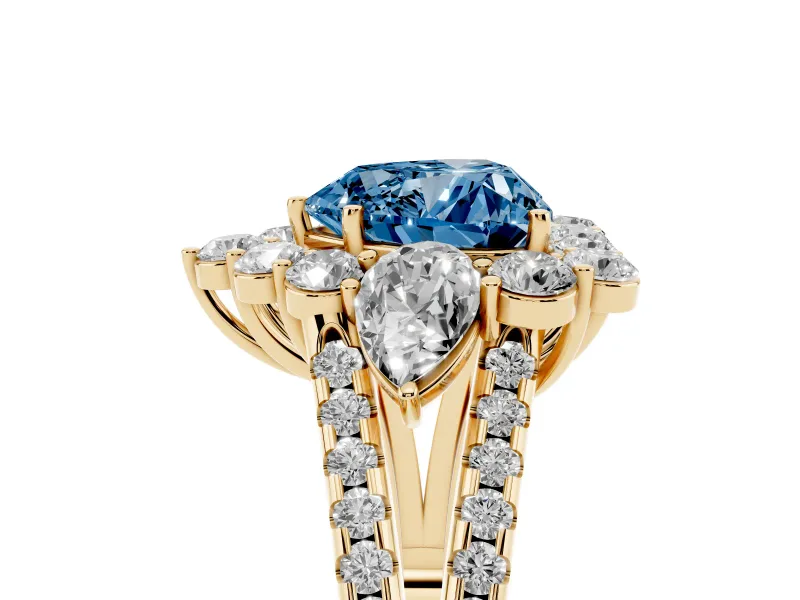 Fancy Blue Heart Cut Diamond Halo Split Shank Engagement Ring Set in Yellow gold with Prong-Held Center Stone