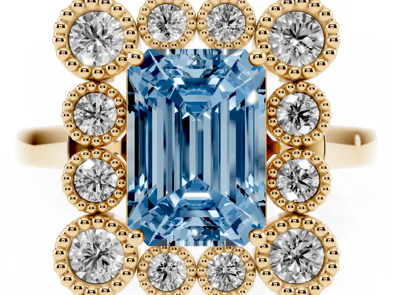 Emerald Cut Milgrain Cluster Halo Engagement Ring Setting for a Fancy Blue Lab-Grown Diamond | Plain Band | Yellow Gold