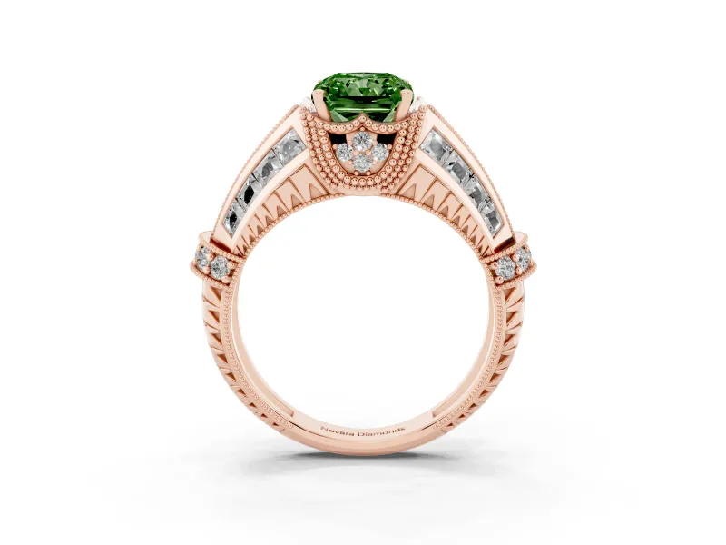 Radiant Cut Vintage Milgrain Engagement Ring Setting for a Fancy Green Lab-Grown Diamond | Hidden Halo | Rose Gold