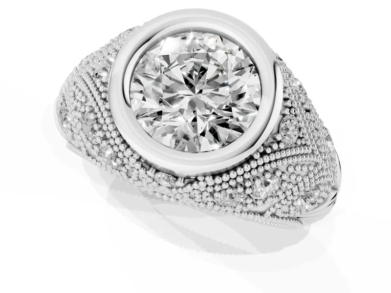 Round Cut Diamond Bezel Ring Set in White gold with Milgrain Accent Band