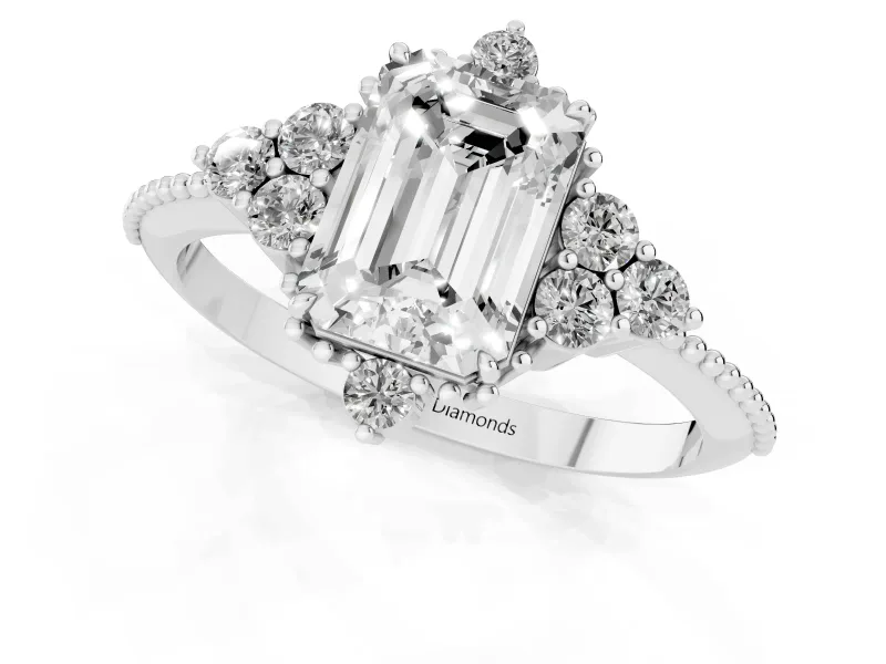 Emerald Cut Vintage Cluster Engagement Ring Setting | Beaded Edges | Platinum