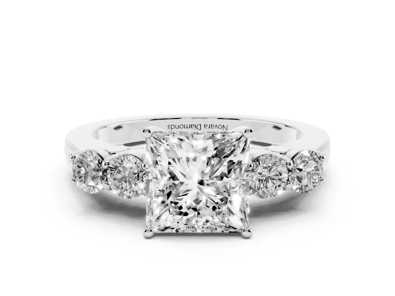 Princess Cut Diamond Five-Stone Prong Set Band Ring Set in Silver with Polished Band