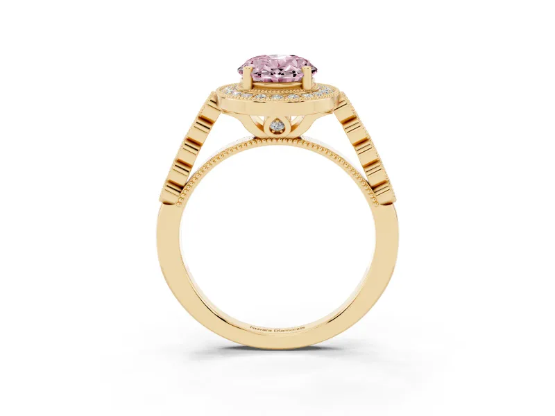 Oval Milgrain Halo Engagement Ring Setting for a Fancy Pink Lab-Grown Diamond | Graduated Bezel Accents | Yellow Gold