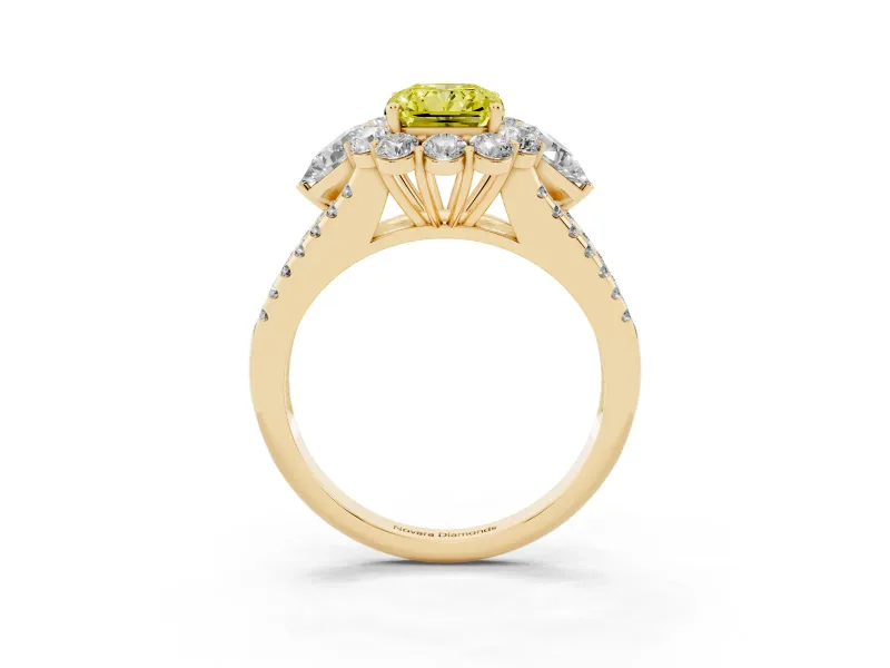 Radiant Cut Scalloped Halo Engagement Ring Setting for a Fancy Yellow Lab-Grown Diamond | Pear Side Stones | Yellow Gold