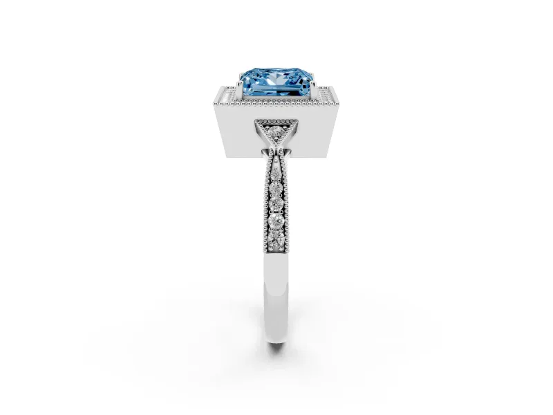 Fancy Blue Princess Cut Diamond Halo Engagement Ring Set in Platinum with Milgrain Pavé Band
