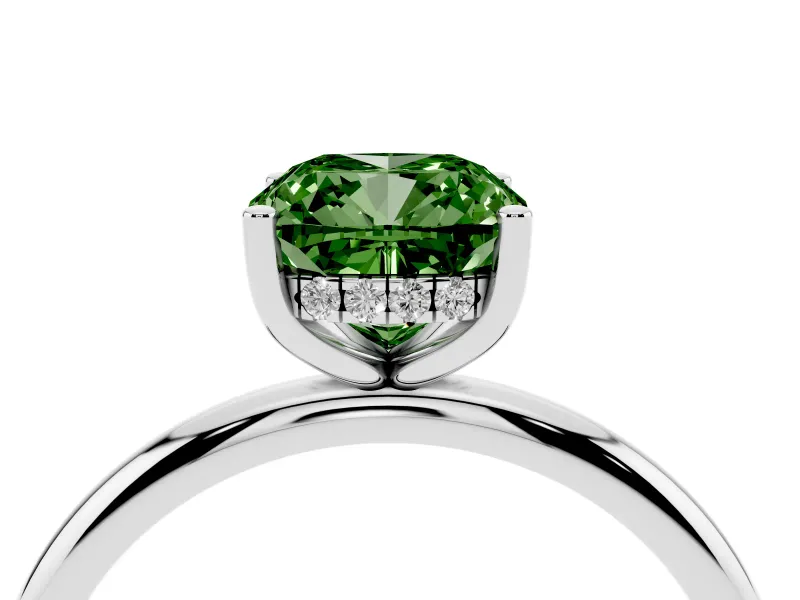 Fancy Green Cushion Cut Diamond Solitaire Engagement Ring Set in White gold with Prong Setting and Polished Band