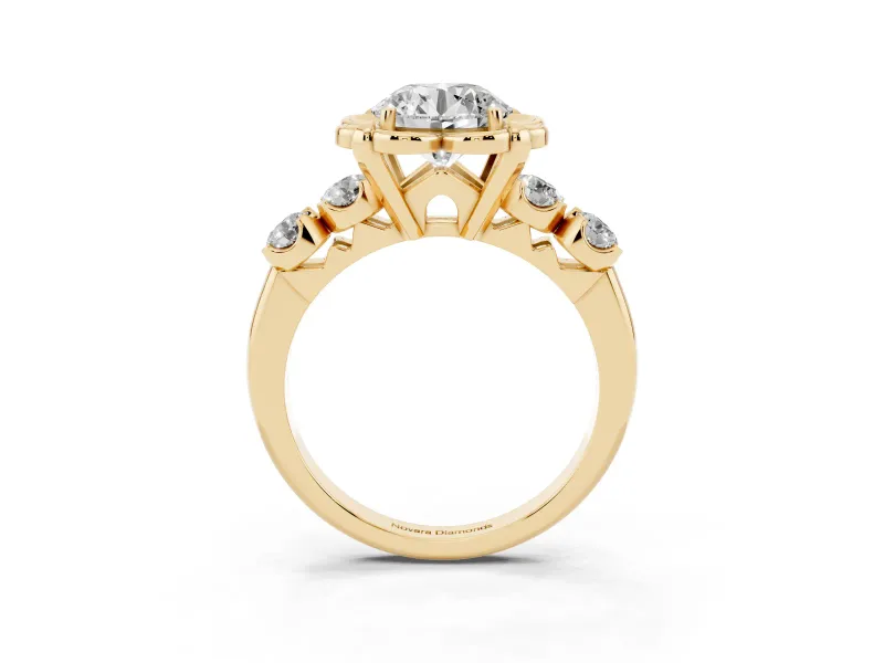 Round Floral Engagement Ring Setting | Petal Frame and Side Stones | Yellow Gold