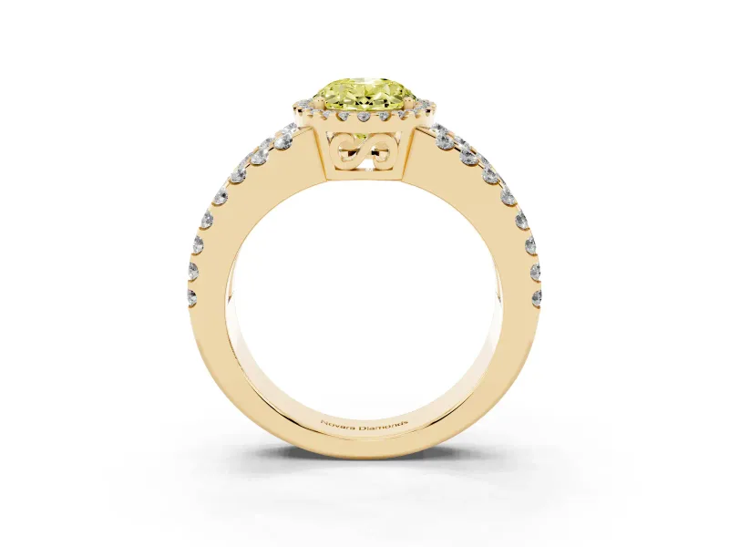 Fancy Yellow Oval Cut Diamond Halo Ring Set in Yellow gold with Pavé Split Shank and Prong Setting