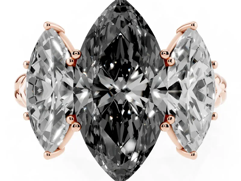 Fancy Black Marquise Cut Diamond Three-Stone Ring Set in Rose gold with Braided Band