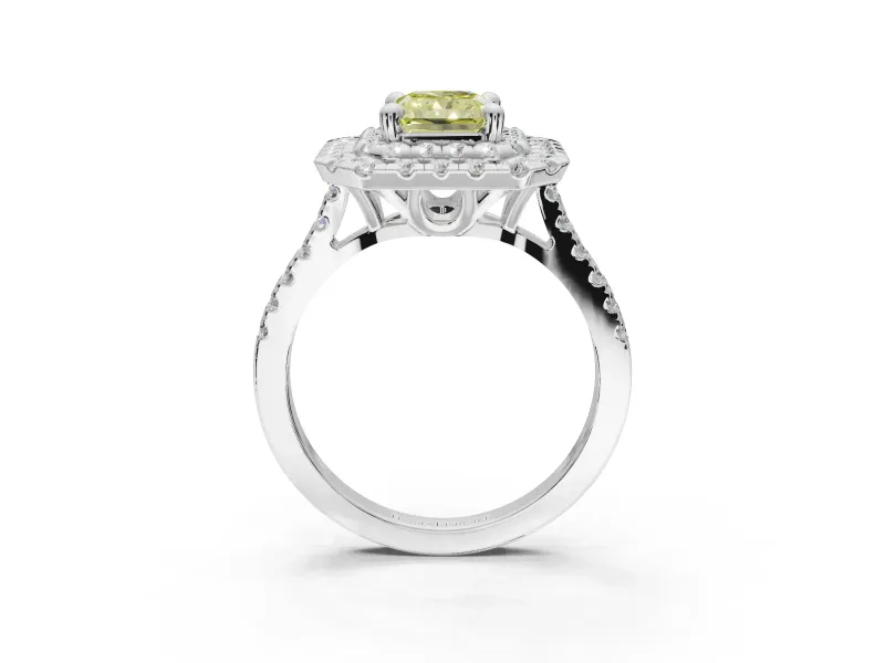 Radiant Cut Double Halo Engagement Ring Setting for a Fancy Yellow Lab-Grown Diamond | Pave Shoulders | Platinum