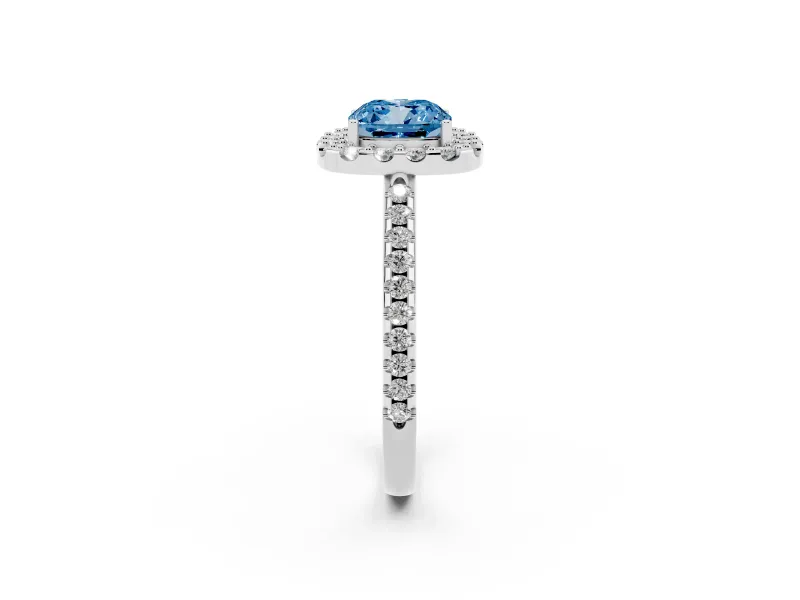 Cushion Cut Pave Halo Engagement Ring Setting for a Fancy Blue Lab-Grown Diamond | Pave Band | Platinum