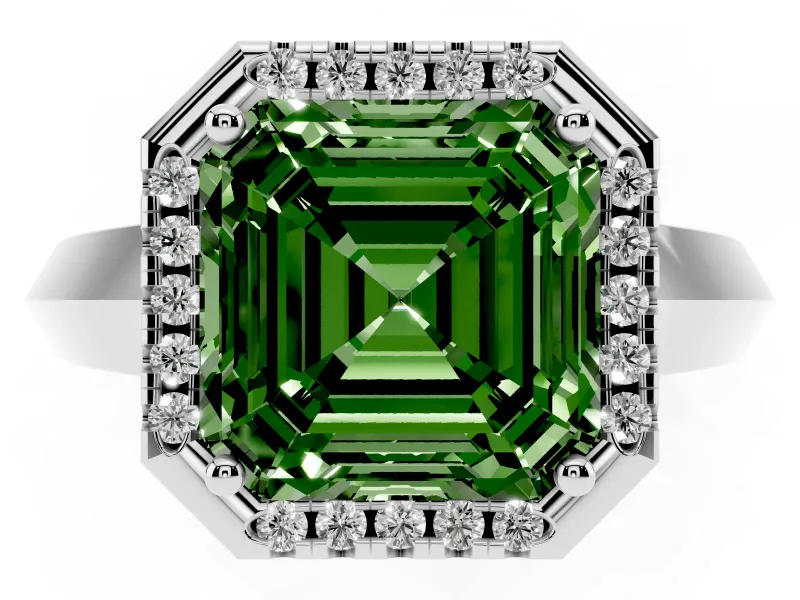 Fancy Green Asscher Cut Diamond Halo Ring Set in Silver with Cathedral Band and Prong Setting