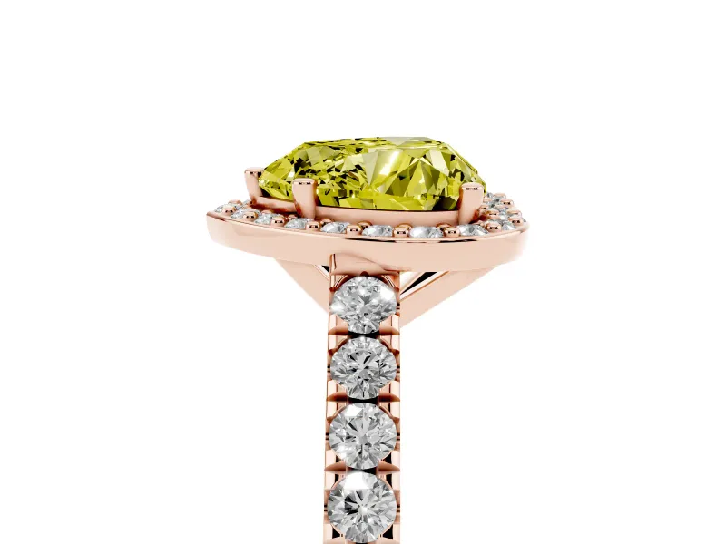 Fancy Yellow Heart Cut Diamond Halo Engagement Ring Set in Rose gold with Pavé Band and Prong Setting