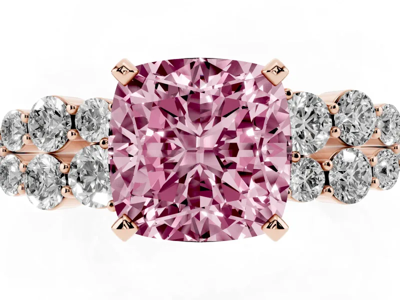 Fancy Pink Cushion Cut Diamond Cluster Engagement Ring Set in Rose gold with Pavé Band and Prong Setting