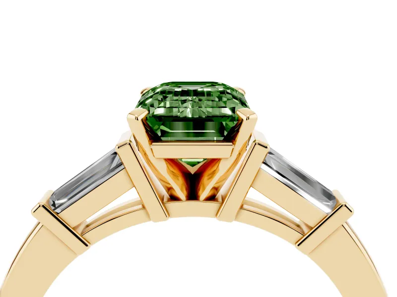 Fancy Green Emerald Cut Diamond Solitaire Ring Set in Yellow gold with Tapered Baguette Accents and Prong Setting