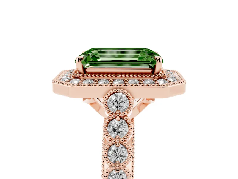 Emerald Cut Graduated Milgrain Halo Engagement Ring Setting for a Fancy Green Lab-Grown Diamond | Rose Gold