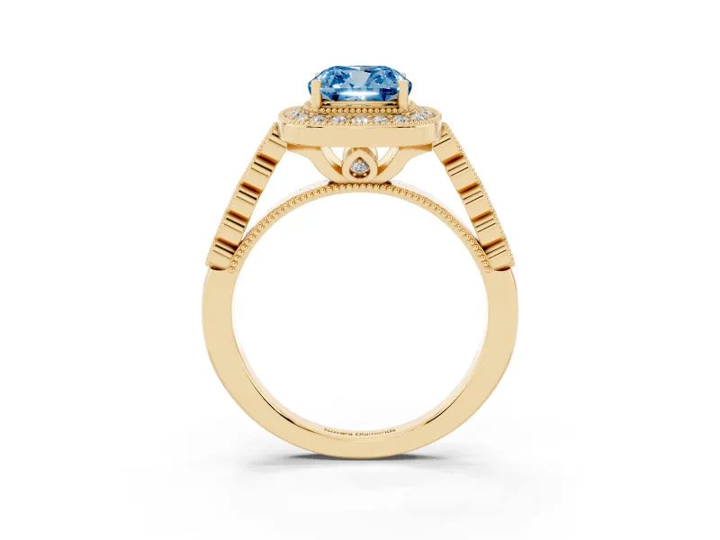 Cushion Cut Graduated Milgrain Halo Engagement Ring Setting for a Fancy Blue Lab-Grown Diamond | Yellow Gold