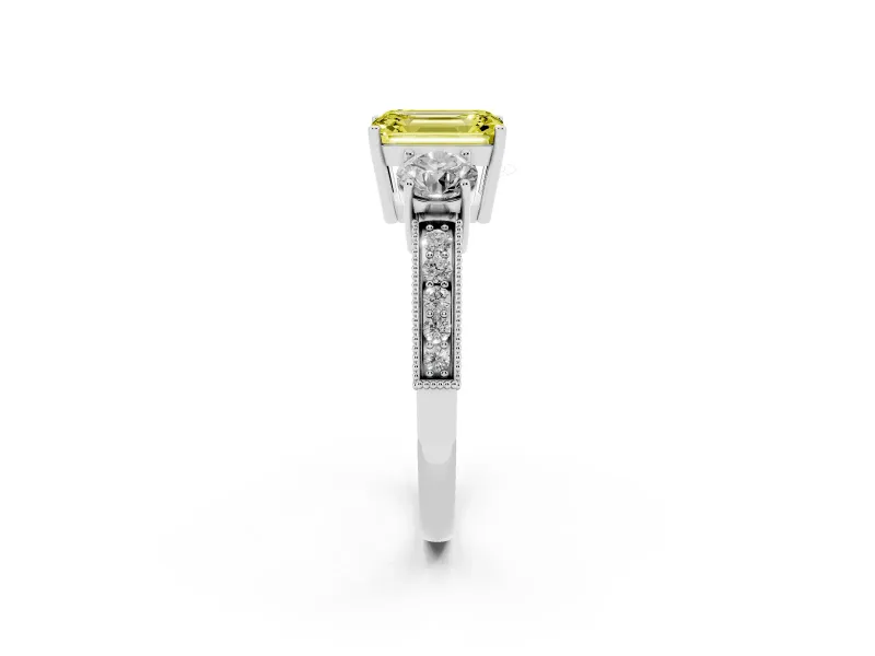 Fancy Yellow Emerald Cut Diamond Three-Stone Ring Set in Silver with Round Side Stones and Pavé Band