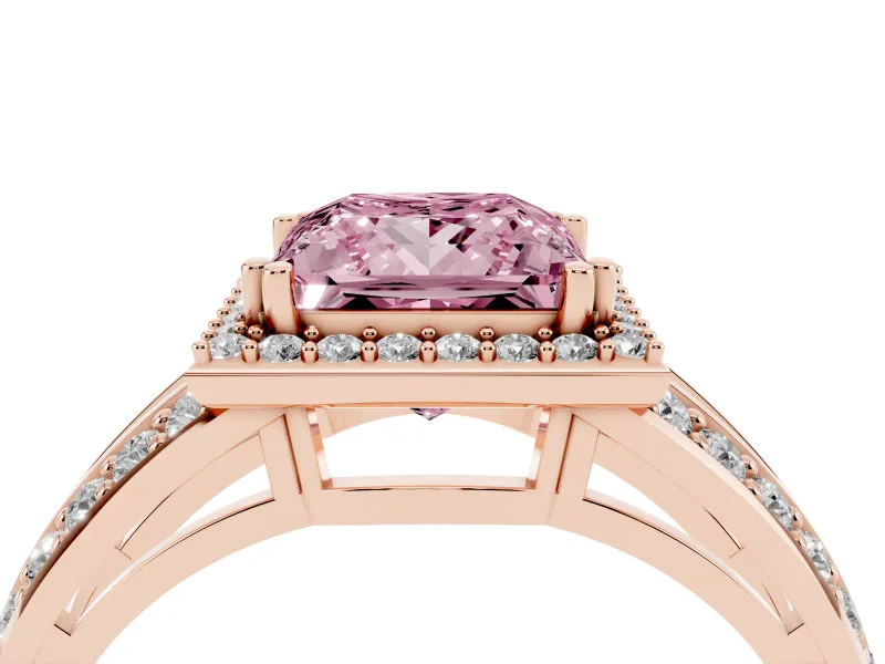Princess Cut Halo Engagement Ring Setting for a Fancy Pink Lab-Grown Diamond | Two-Row Pave Split Shank | Rose Gold