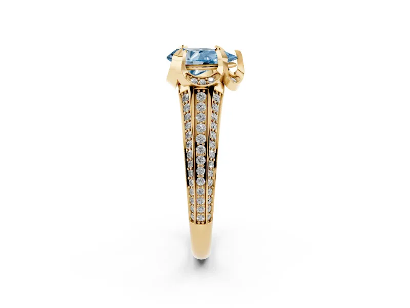 Fancy Blue Pear Cut Diamond Pavé Split Shank Solitaire Ring Set in Yellow gold with Prong Setting
