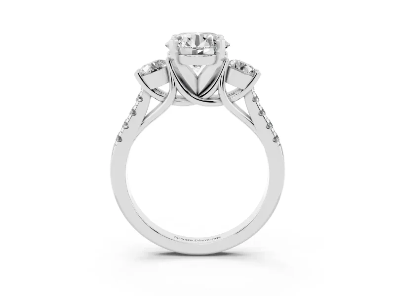 Three-Stone Round Cut Diamond Pavé Band Ring Set in Silver with Prong-Set Trio
