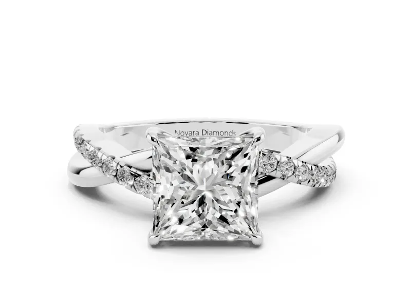 Princess Cut Diamond Twisted Pavé Band Ring Set in White gold with Prong Setting