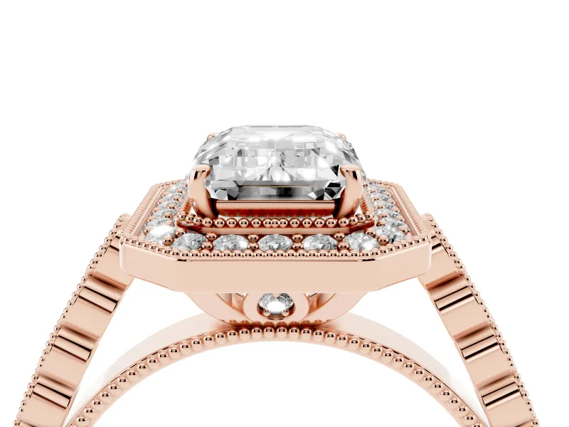 Emerald Cut Milgrain Halo Engagement Ring Setting | Graduated Bezel Accents | Rose Gold
