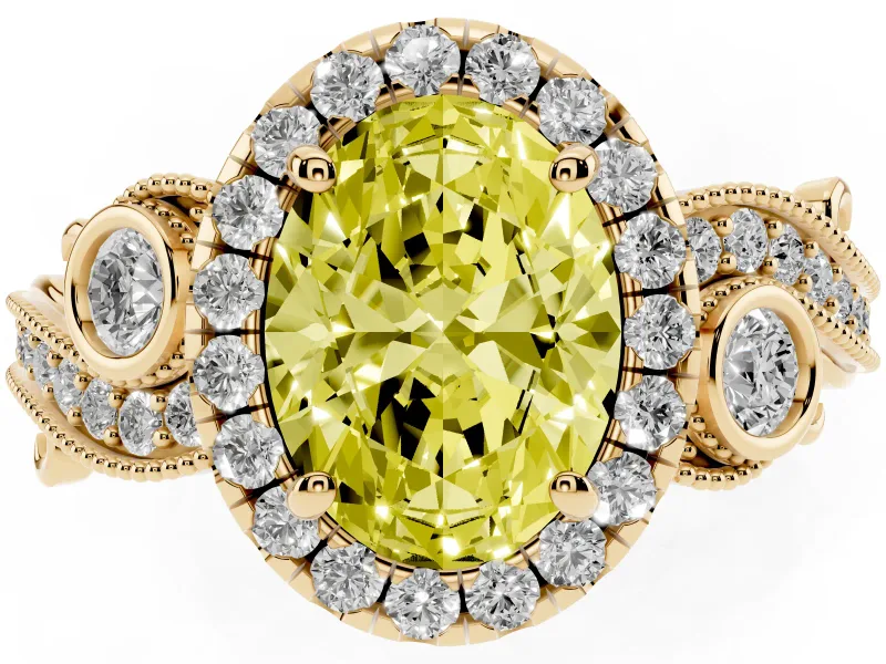 Oval Vintage Halo Engagement Ring Setting for a Fancy Yellow Lab-Grown Diamond | Bezel Shoulder Accents | Yellow Gold