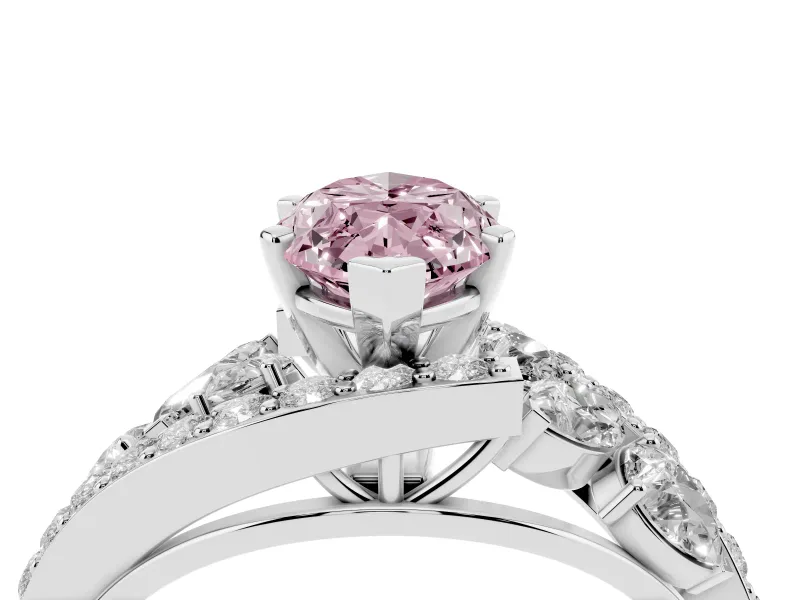 Fancy Pink Marquise Cut Diamond Halo Ring Set in Silver with Marquise and Pavé Band in Prong Setting
