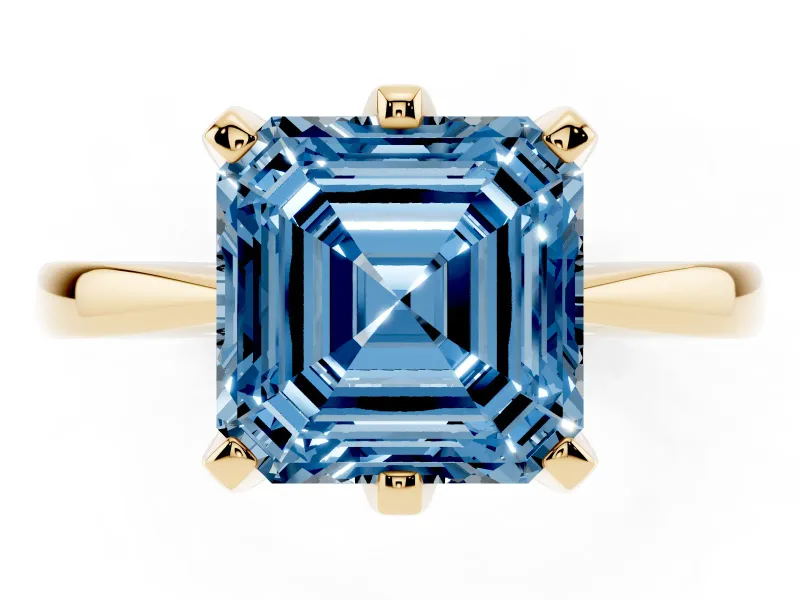 Fancy Blue Asscher Cut Diamond Solitaire Engagement Ring Set in Yellow gold with Slim Tapered Solitaire Band