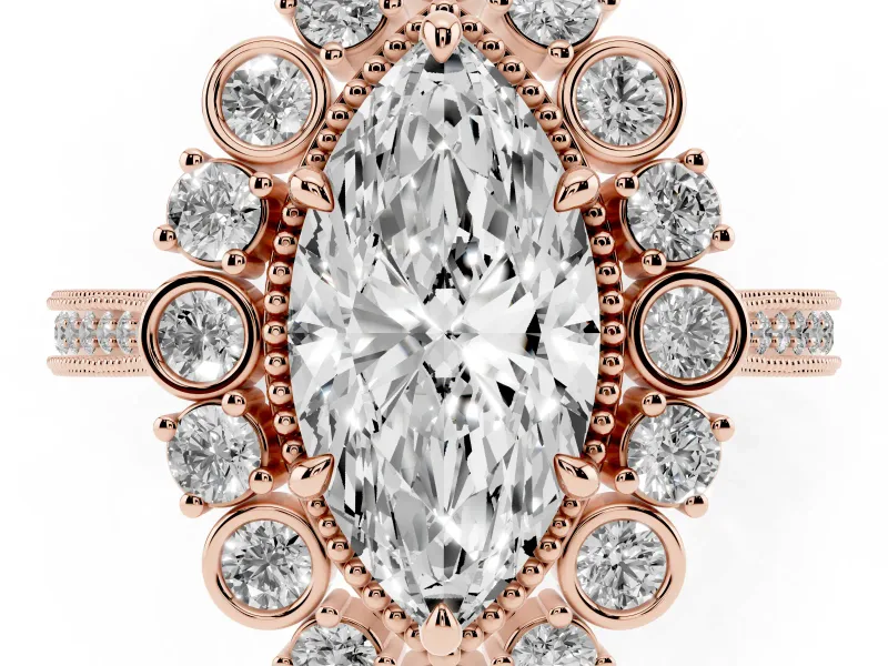 Marquise Vintage Scalloped Halo Engagement Ring Setting | Milgrain Pavé Band | Rose Gold