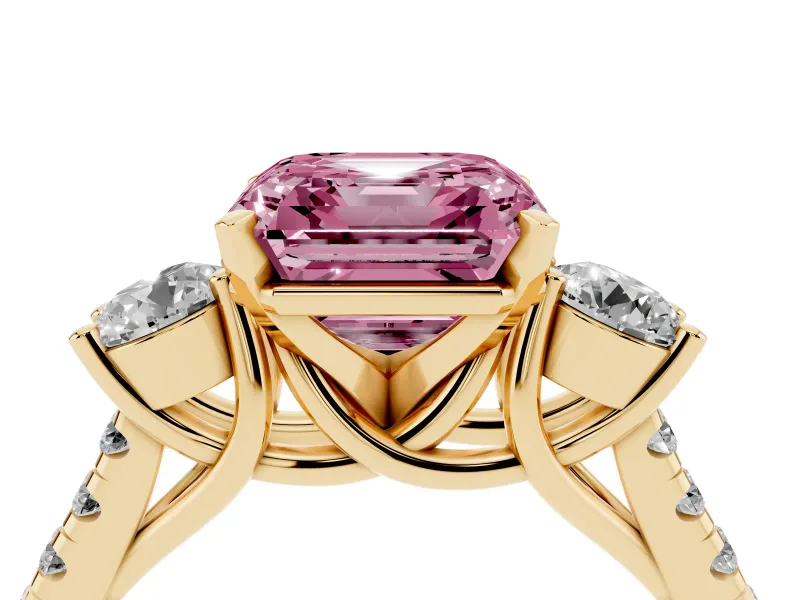 Fancy Pink Three-Stone Asscher Cut Diamond Pavé Band Ring Set in Yellow gold with Prong-Set Trio