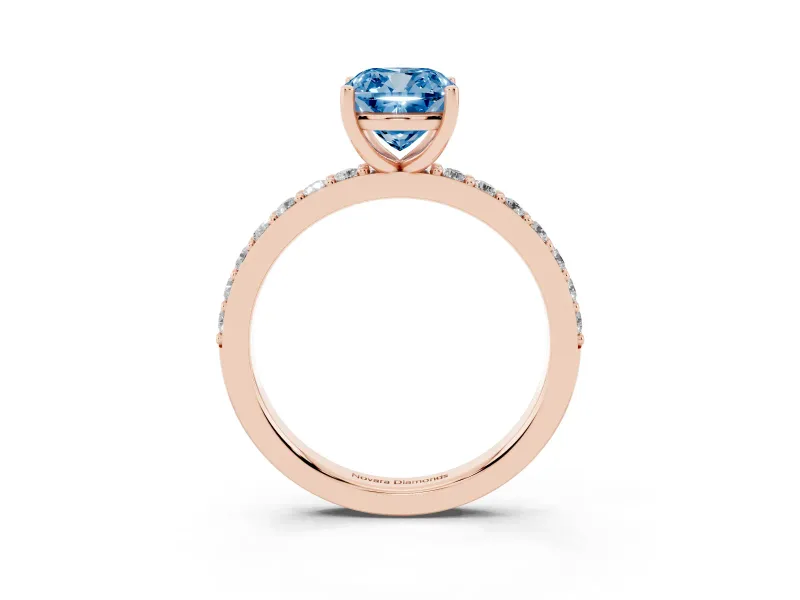 Fancy Blue Cushion Cut Diamond Solitaire Set in Rose gold with Round Pavé Band and Prong Setting
