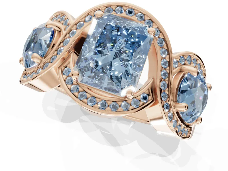 Radiant Cut Three Stone Halo Engagement Ring Setting for a Fancy Blue Lab-Grown Diamond | Pavé Wave Band | Rose Gold