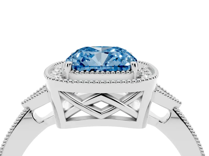 Cushion Cut Milgrain Halo Engagement Ring Setting for a Fancy Blue Lab-Grown Diamond | Graduated Pavé | Sterling Silver