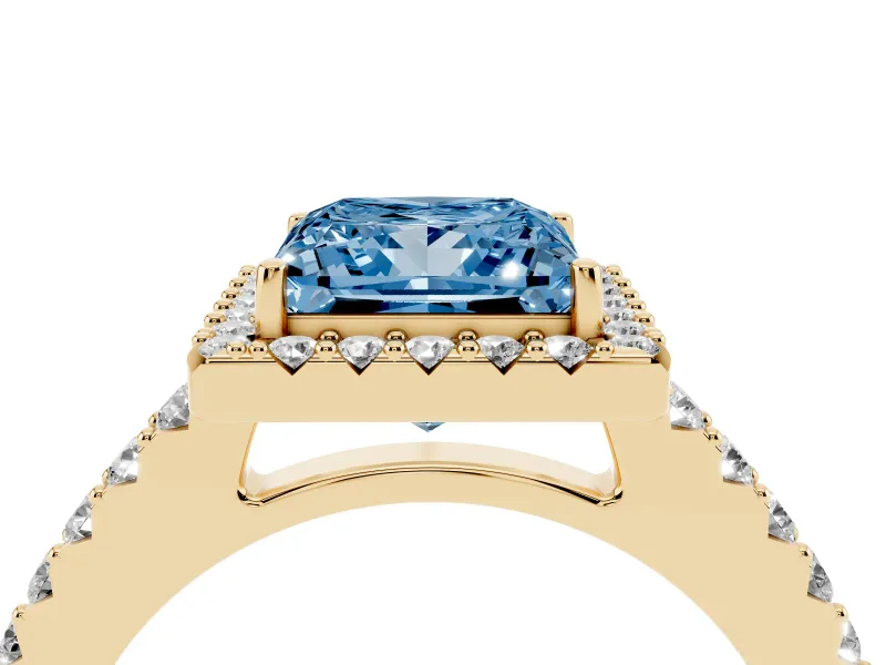 Fancy Blue Princess Cut Diamond Halo Pavé Solitaire Ring Set in Yellow gold with Prong-Set Center Stone