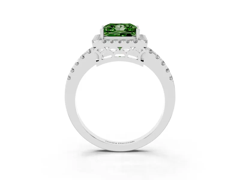 Princess Cut Halo Engagement Ring Setting for a Fancy Green Lab-Grown Diamond | Shared Prong Pavé Band | Sterling Silver