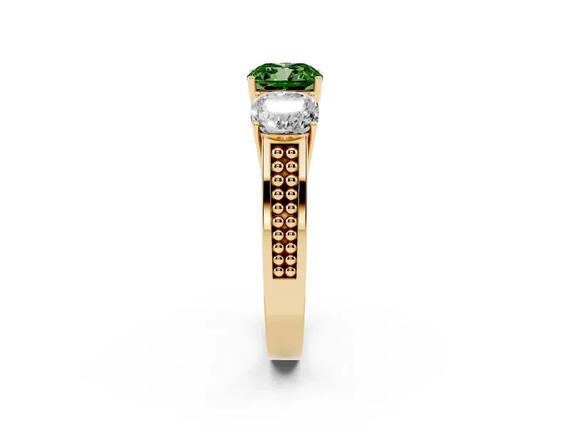 Cushion Cut Three Stone Engagement Ring Setting for a Fancy Green Lab-Grown Diamond | Beaded Shoulders | Yellow Gold