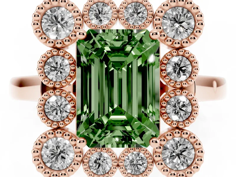 Emerald Cut Milgrain Cluster Halo Engagement Ring Setting for a Fancy Green Lab-Grown Diamond | Plain Band | Rose Gold
