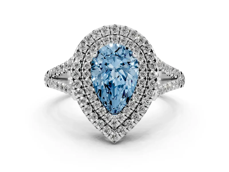 Fancy Blue Pear Cut Diamond Double Halo Ring Set in Silver with Pavé Band