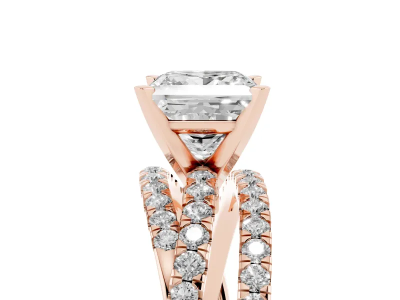 Princess Cut Diamond Solitaire Twist Band Ring Set in Rose gold with Pavé Setting and Prong Head