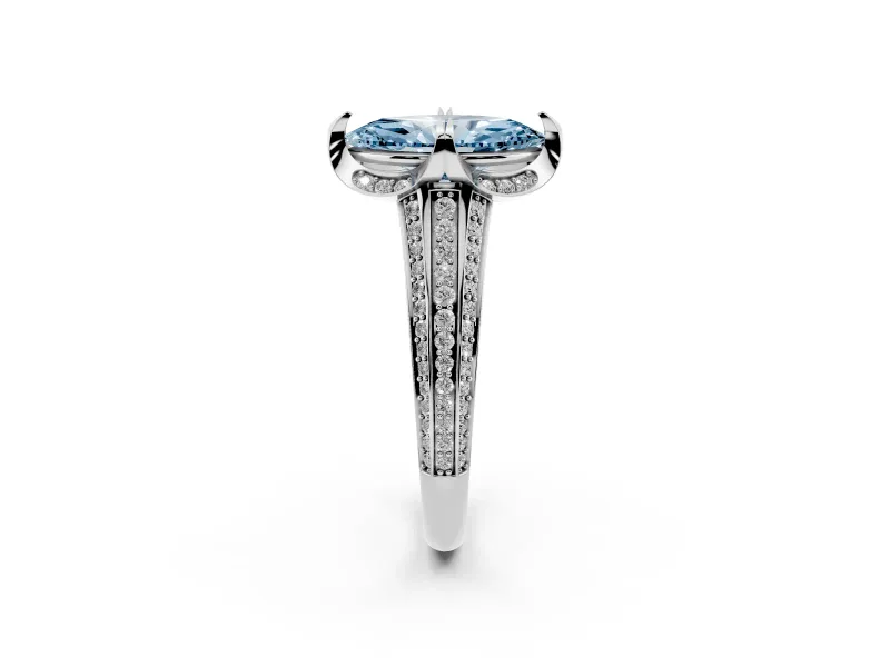 Fancy Blue Marquise Cut Diamond Pavé Split Shank Solitaire Ring Set in Platinum with Prong Setting
