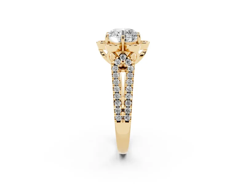 Round Petal Frame Floral Halo Engagement Ring Setting | Pavé Split Shank | Yellow Gold
