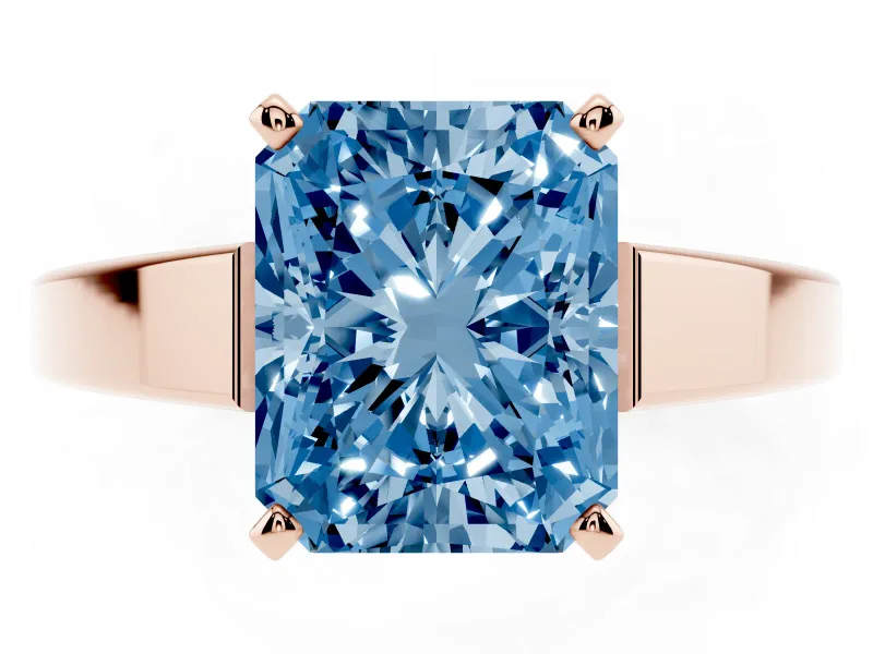 Fancy Blue Radiant Cut Diamond Solitaire Engagement Ring Set in Rose gold with Prong Setting and Tapered Band