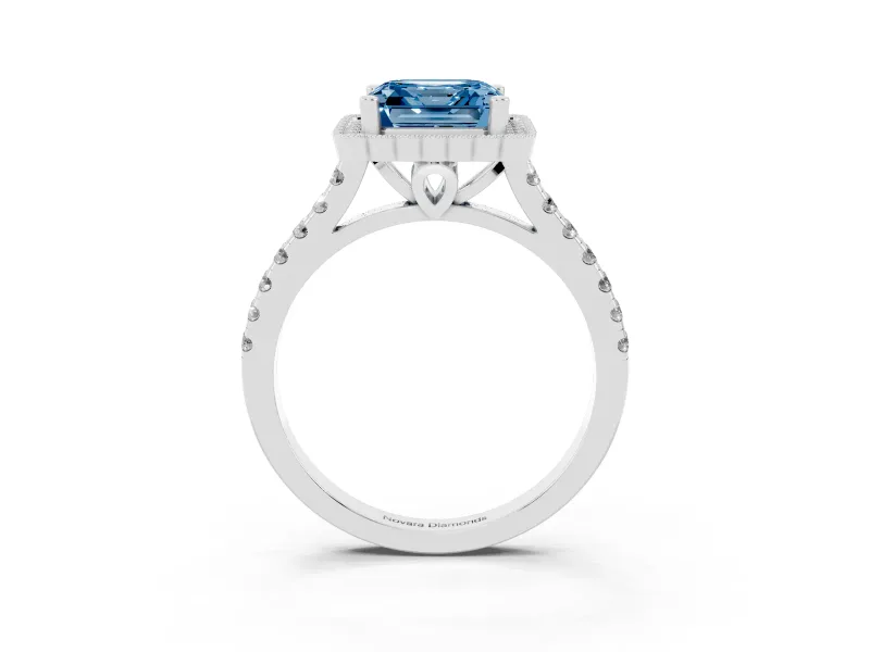 Asscher Cut Milgrain Floral Halo Engagement Ring Setting for a Fancy Blue Lab-Grown Diamond | Pavé Band | White Gold